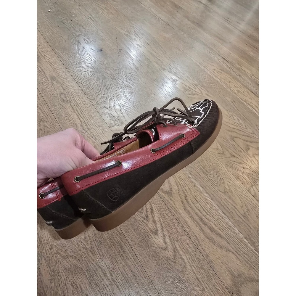 Ariat Giraffe Print Leather Boat Shoes Brown Red Suede Loafers Womens 8.5 B